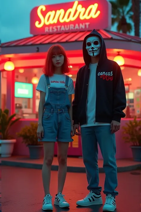 adorable Asian woman,with red hair,wearing a crop top overall dress bearing the text "SANDRA RISKI",with chunky sneakers, was standing with a mysterious masked man, they standing in front of a vintage restaurant with neon lights, full body, dynamic pose th...