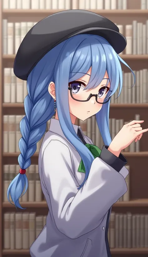 blurry, depth of field, blurry background, braid, blurry foreground, earrings, 1girl, jewelry, twin braids, glasses, bookshelf, photo (medium), blue hair, solo, library, long hair, hat, hair over shoulder, looking at viewer, single braid, photo background