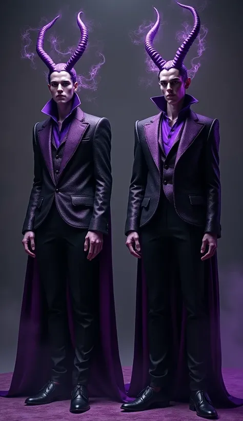 2 Lokis In Black And Purple Suit, Perfect Combination Of Black And Purple Colors, Wearing Gods Suit With Cape, Lokis Thin And Tall Horns Of Purple Color, Purple Magic And Powers, Realistic 