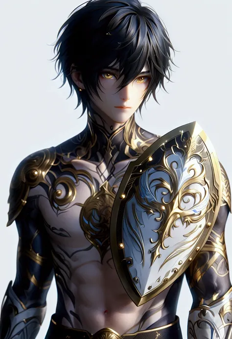 He holds a white and gold shield in his hand