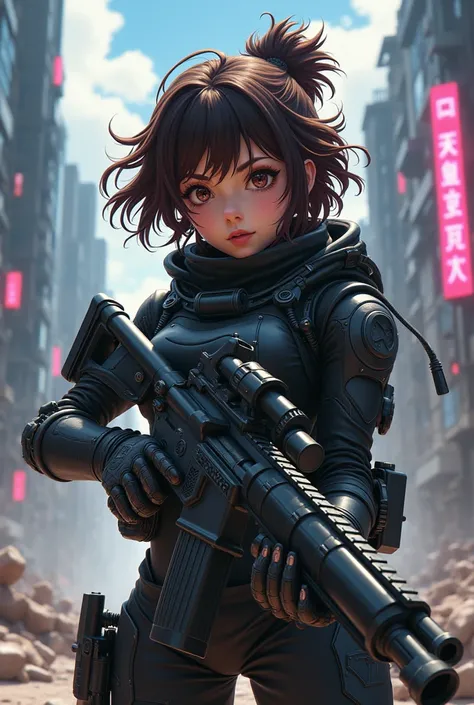 brunette girl, gross, Curly hair,anime, Cyberpunk outfit, heavy artillery, Apocalypse, animation 