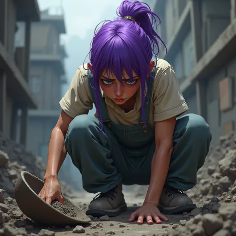 Worker ,  with a weeping face ,  with a shovel in his hand, purple hair 