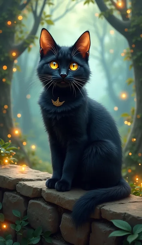 A whimsical and enchanting portrait of a black cat with soft, fluffy fur and bright, sparkling golden eyes that twinkle with magic. The cat sits playfully on a charming, weathered stone wall, surrounded by a dreamy, enchanted forest filled with vibrant col...