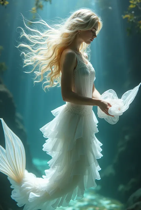  Professional HD photo of a beautiful white tea boy with super long hair abundant in a semi-wavy blonde color,  delicate features .  That has the half mermaid ,  mermaid tail beautiful white the tail with veils ,  in a context under seawater , beautiful se...