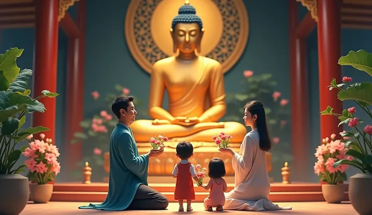 A husband, wife, and two ren offering flowers in front of a Buddha statue