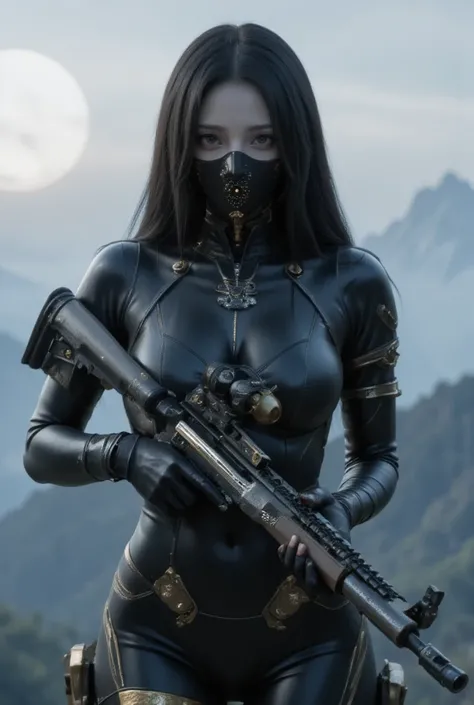 In the style of hyper-realism, this cinematic scene captures a silent and stoic East Asian female mercenary. Her voluptuous yet balanced physique is accentuated by a sleek, form-fitting high-leg cut bodysuit made of high-gloss leather-like material. The su...