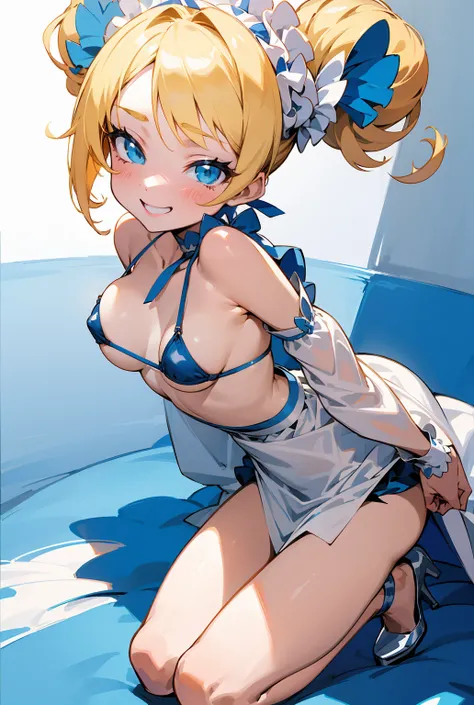 Beautiful 18 year old girl,  big blue eyes,  Big Breasts, Small and slim, 8k, top quality, ( detailed face : 1.0),   bikini under maid clothes, ,  Anime Moe Art Style,   Neat Detailed Animated Art  , smile, Blonde Bob Hair、 full body view、 high heels