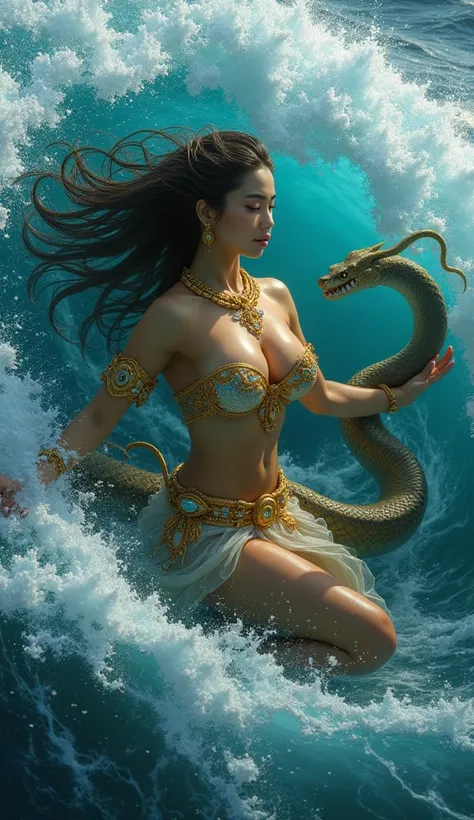 hyperrealistic, very detail, full body, beautiful Javanese  queen, rifing on big snake, full of gold and jewels and diamonds, clothing transparent  deep blue ocean , tin wet silk, flying rising out of the mouth of a waves in a powerful vortex of sea waves,...