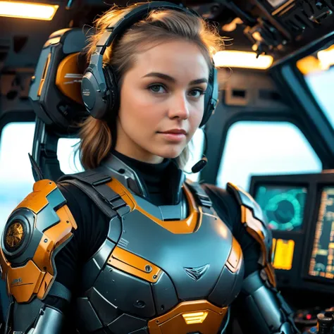 Highly detailed photo of a Women, SF soldier, 30yo, (Mech warrior of women mercenary, (body armor)), sitting like a queen, Stately and dignified, Very dissatisfied look, (headset, Powerful and beautiful eyes, (female bodybuilders body), 8K Ultra HD, Origin...