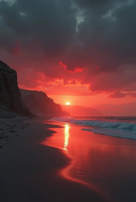 A beach, with a prominent sunset so everything is reddish kinda but it’s dark , with some Turkish / Egyptian vibes but darker ( more black and some red cuz it’s getting night ) 