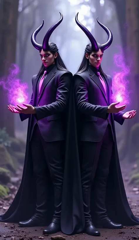 2 Lokis In Black And Purple Suit, Perfect Combination Of Black And Purple Colors, Wearing Gods Suit With Cape, Lokis Thin And Tall Smooth Horns Of Purple Color, Purple Magic And Powers In Hands, Magical Background, Realistic 