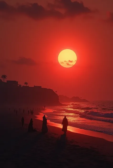 A beach, with a prominent sunset so everything is reddish kinda but it’s dark , with some Turkish / Egyptian vibes but darker ( more black and some red cuz it’s getting night )  with some people around and some houses far 