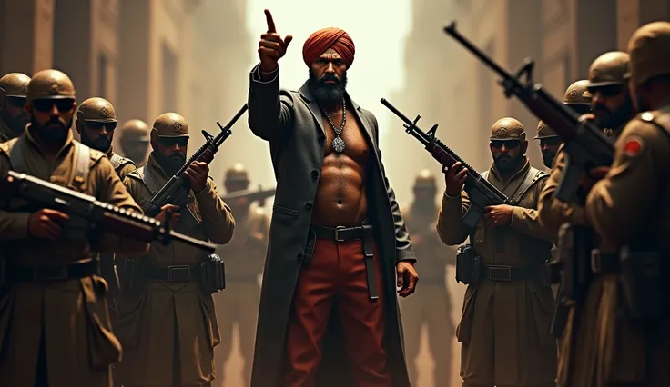 Kala Singh pointing towards Pushpa, surrounded by his heavily armed men, exuding confidence and dominance.