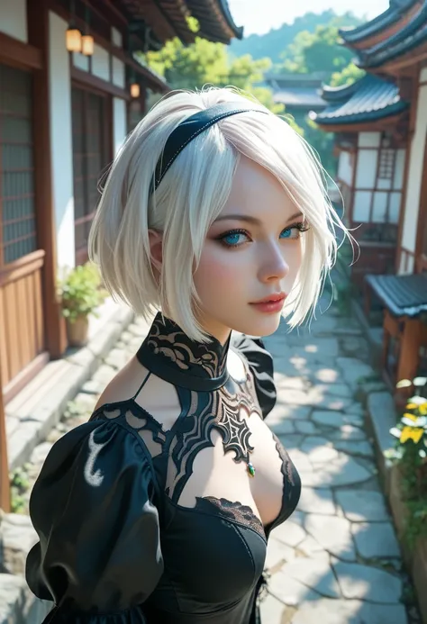 Beautiful female nier android, photoreaistic, fair skin, medium white hair, blue eyes, black eyeliner, ((medium breasts)), strong, fit. Wearing small black dress. Japanese village background. Wearing gloqing pendant. High angle view.