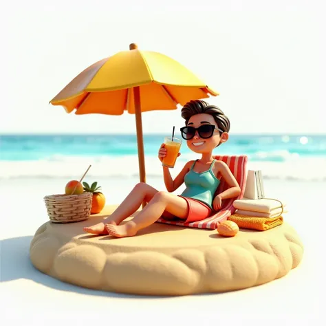 (((Masterpiece))), Create a freestanding 3D-style diorama of a sunny Mediterranean beach scene, designed to resemble a hyperrealistic miniature world. The scene should feature a relaxed person sitting under a colorful parasol, wearing sunglasses, and holdi...