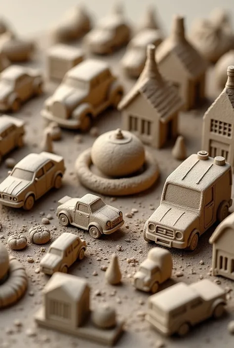 Mud miniatures depicting cars cars bachelors degrees families homes businesses health food mineral foods vegetables 
