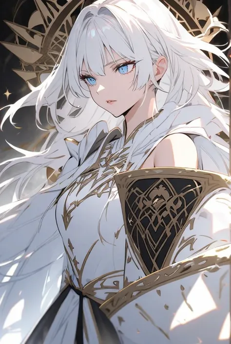 mythical queen long white hair open shoulder armor holding sexy magic book