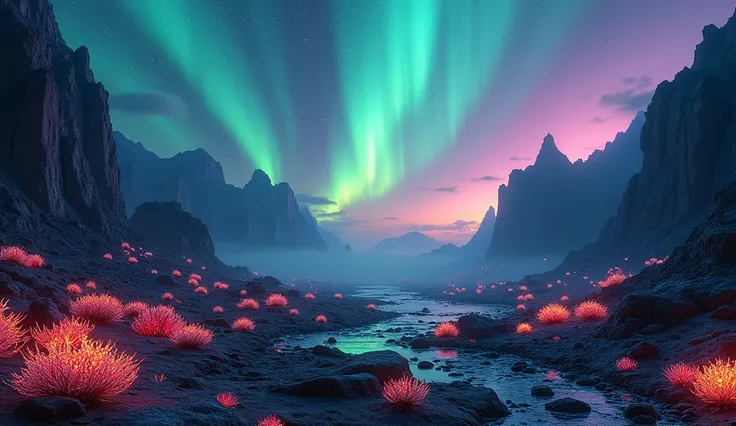 "A highly detailed alien planet landscape with rugged terrains, glowing bioluminescent plants, and a vibrant aurora in the sky, ultra-HD, cinematic, 8K."

