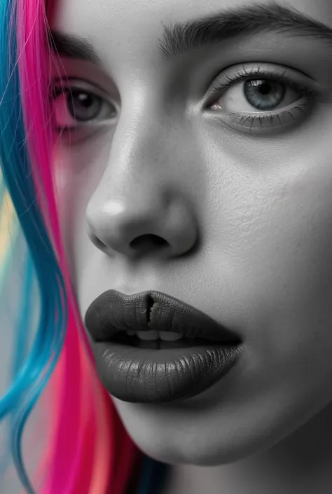 Focus on cracked lips,Black and white image,colorpop long neon rainbow hair,Youthful teen,3/4 photo,Banksy style,Close up,mixture of Ana de armas and Hailee steinfeld  posing, beautiful_see through_dress,by Mark Brooks, charlie bowater and mark brooks, cha...