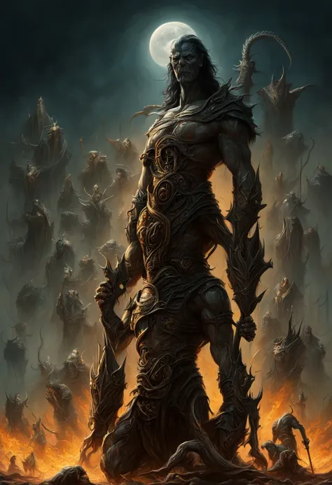 there is a statue of a man reaching for a giant monster, kyuyong eom and boris vallejo, boris villejo, hr giger muscles, peter gric and dan mumford, boris vallejo style, boris vallejo and tom bagshaw, mark brooks detailed, inspired by Boris Vallejo, sylvai...