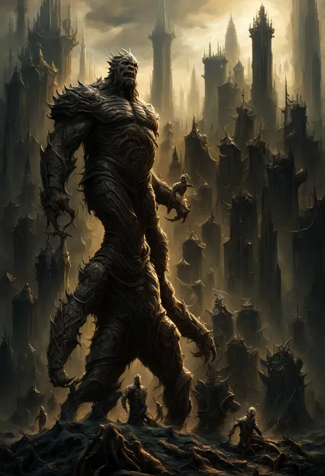 there is a statue of a man reaching for a giant monster, kyuyong eom and boris vallejo, boris villejo, hr giger muscles, peter gric and dan mumford, boris vallejo style, boris vallejo and tom bagshaw, mark brooks detailed, inspired by Boris Vallejo, sylvai...