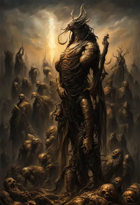 there is a statue of a man reaching for a giant monster, kyuyong eom and boris vallejo, boris villejo, hr giger muscles, peter gric and dan mumford, boris vallejo style, boris vallejo and tom bagshaw, mark brooks detailed, inspired by Boris Vallejo, sylvai...