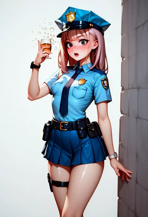    High resolution image ,   top quality,((1 beautiful Japanese schoolgirl:1.5)),(( slender body:1.2)),((Drunk:1.2))(( ecstasy:1.5)),real skin ,small breasts,   shiny hair ,  Super Detailed Black Eyes  ,   simple background ,(( Equipped Police Belt :1.2)),...