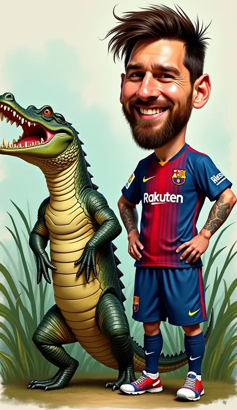 " A detailed caricature of Lionel Messi posing next to a ferocious crocodile.  Messi bears a confident and friendly expression ,  wearing his classic soccer uniform ,  while the crocodile next to him displays an intimidating stance ,  horn with your mouth ...