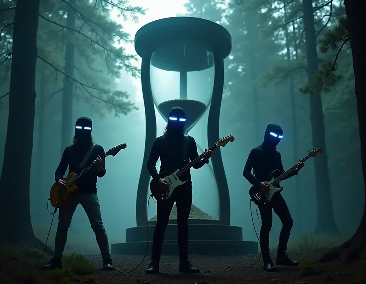 , a three-piece rock band playing in the forest wearing hologram masks,  in the background a man stands in front of a huge hourglass in the forest, cinematographic dark shot 