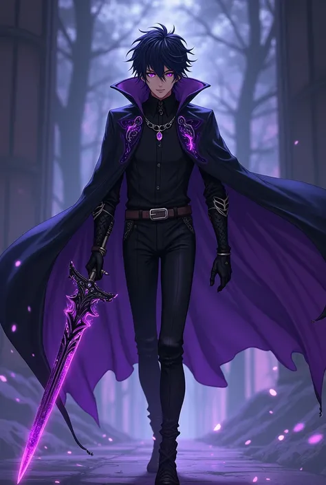 Handsome anime man with black messy hair, purple eyes, black shirt, black amethyst cape, black pants, amethyst jewelrys, black boots, black gloves, holding purple amethyst sword, night background,