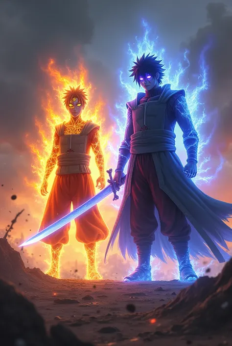 A realistic depiction of two warriors standing side by side on a dramatic battlefield. The first warrior is inspired by Naruto in Kyubi mode, glowing with an orange and yellow aura, with fox-like markings on his face, and a determined expression. The secon...