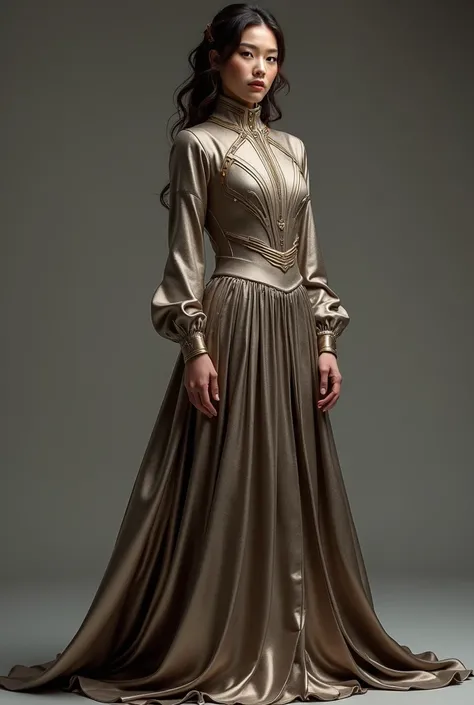 A dignified and elegant female ambassador from the council of Polis in the year 2080. She exudes authority and diplomacy, dressed in a sophisticated, futuristic gown made of flowing metallic fabrics with subtle glowing accents that signify her high-ranking...