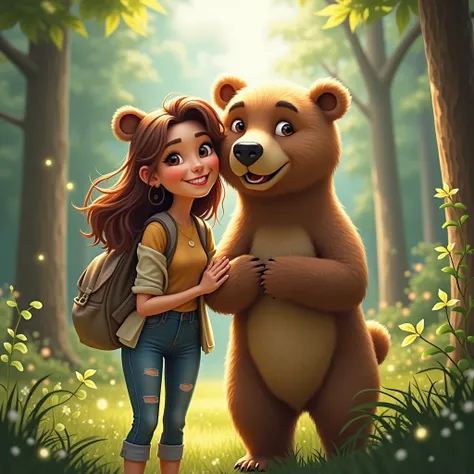 She takes a selfie with a cute bear in the woods.