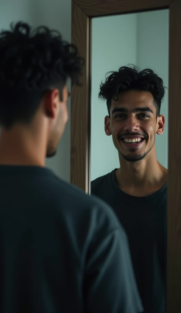 Create a image of youngh man and mirror in which youngh man looking at his face in mirror . Man image should be sad in picture but the image made in mirror should be happy. 
Image is captured in the way in left side