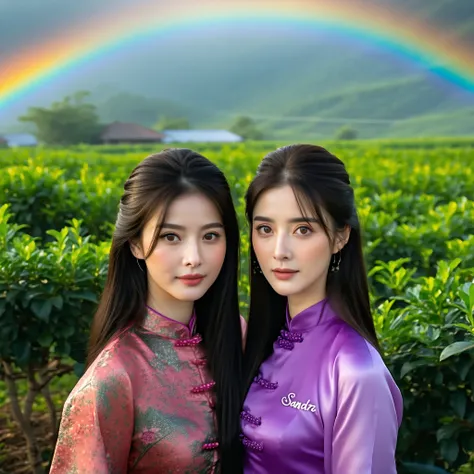  portrait of 2 beautiful 30 year old girls wearing Korean style clothes STEL cool model now.  has floating logo written  "Sandra"  against the backdrop of a tea garden with a beautiful rainbow ,  super clear HD quality image , hyperdetail.hyperrealistic 