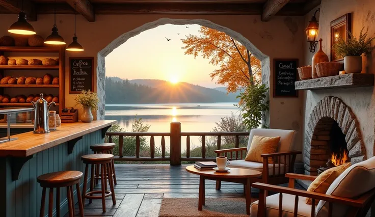 The scene depicts a charming rustic coffee shop, overlooking a beautiful lake .
 The interior features a sturdy wooden counter, on which a shiny metal coffee pot shines, symbol of artisanal and welcoming coffee. Under the counter, a glass display case disp...