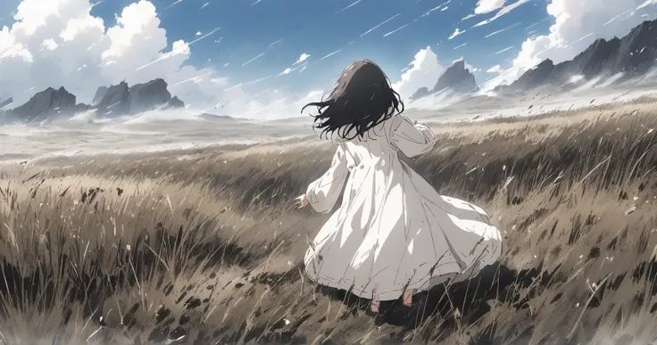 Earth　 Girl with Long Black Hair　 back view　 Tattered Clothes　 scenery main 　anime