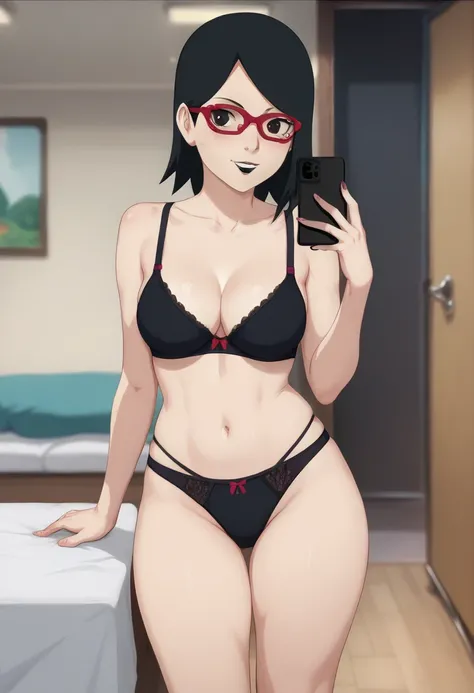 Sarado Uchiha short black hair black eyes red glasses medium tits abdomen sarado thick thighs in front of the mirror with cell phone in hand panties black dental floss sexy black bra