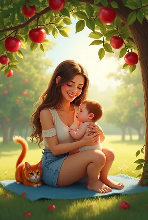  Happy mom with baby in her arms , red cat nearby ,  is sitting under an apple tree on a blue rug.