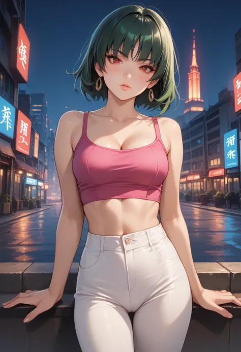 Score_9, score_8_up, score_7_up, score_6_up, source_anime, rating:general, 1girl, sabrina pokemon, sage green hair, messy shuolder length hair, bangs, stunning red eyes, pale skin, blush, perfect lips, sultry look, looking at viewer, pink crop top, erect n...