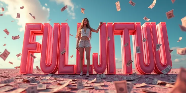 Create an image that displays clear giant 3D writing with the title "FULLJITUU" and under fulljituu there is the writing "TRUSTED TOGEL SITE" in the foreground with a beautiful woman wearing sexy clothes standing leaning casually on the 3D writing. Provide...