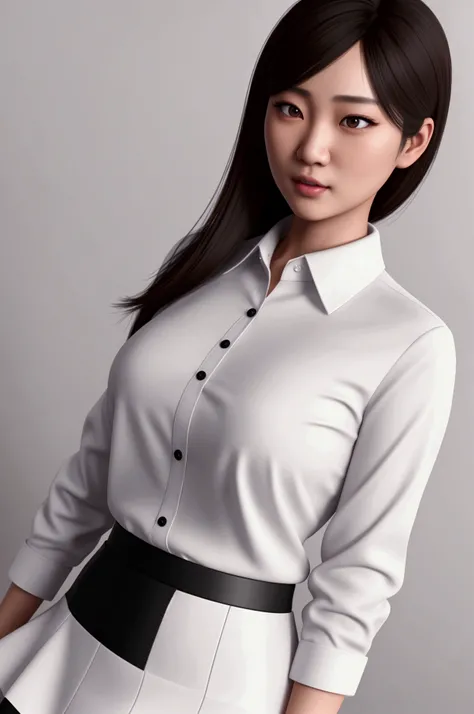 asian woman, petite woman, waitress outfit (white collared shirt, black skirt), brown hair, detailed face, detailed eyes, detailed mouth, shy expression, (best quality,4k,8k,highres,masterpiece:1.2),ultra-detailed,(realistic,photorealistic,photo-realistic:...