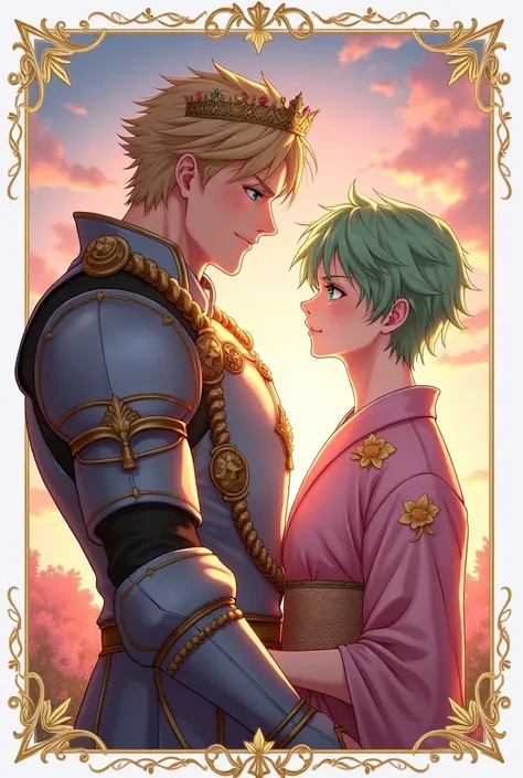 Make a cover like a boys love manga, gay romance, a man, blond hair, straight, well detailed, crown on his head, strong, virile, pale skin, blue eyes, armor, smiling expression, gallant.
man, light brown skin, Thai skin, light green hair, straight, wavy, w...