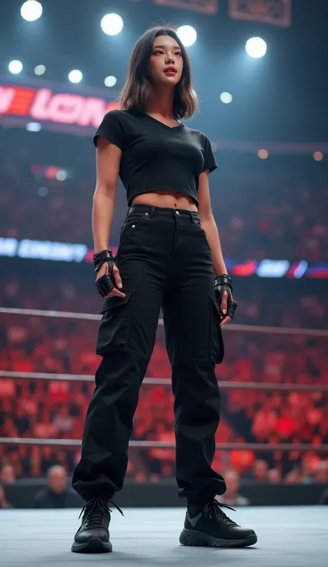  Thai Women,Age 28 years,Good figure,Shoulder length hair, Wearing a Black T-Shirt, black military trousers.,Nike ,She is speaking, promoting herself , on the wrestling arena of the wwe association