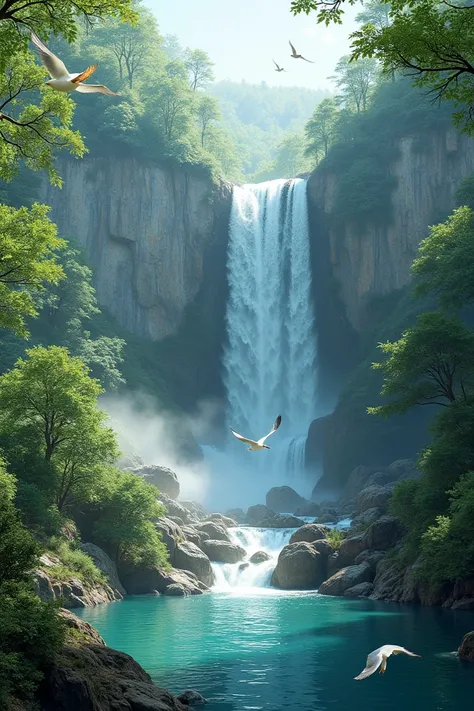 Waterfalls in the forest, there are lakes and birds fly 