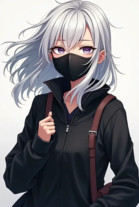  anime girl with white hair and black mask holding a bag,  white hair, de  white hair, stylized anime, A crazy old man with silver hair , Anime style 2022, 2 0 2 2  anime style , like an anime character ,  anime style , personagem de  anime style , , somen...