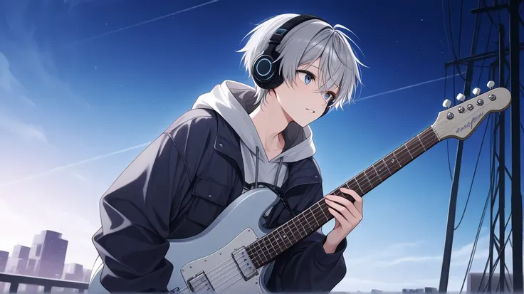 male、Gray Hair、One person、cool、 headphones、guitar、whole body