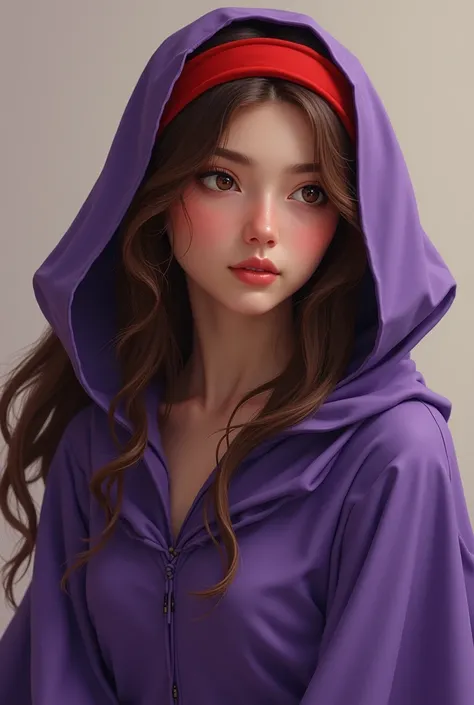 18 year old girl with long brown hair, with a red headband, wearing a long purple cloak