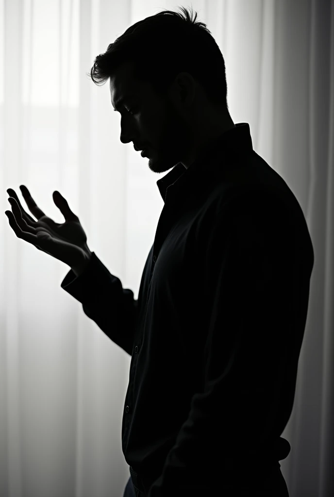 Black silhouette of a man , shadow of a man, mannequin, no hair, without faces,  side view, looks at his hand 