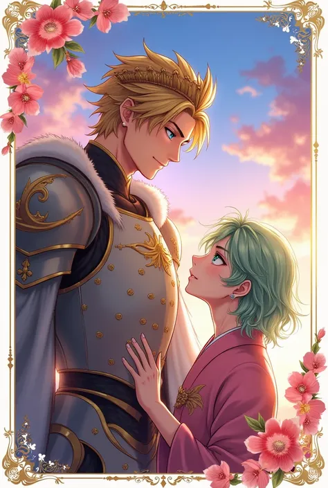 Make a cover like a boys love manga, gay romance, a man, blond hair, straight, well detailed, crown on his head, strong, virile, pale skin, blue eyes, armor, smiling expression, gallant.
man, light brown skin, Thai skin, light green hair, straight, wavy, w...